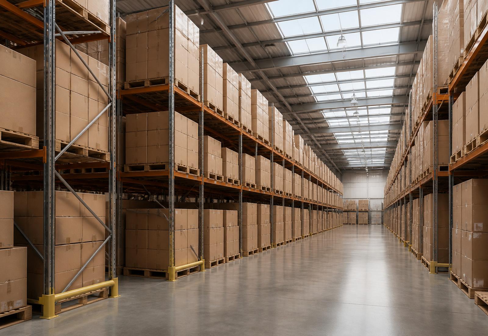 Organized wholesale warehouse aisle with pallets of consumer goods